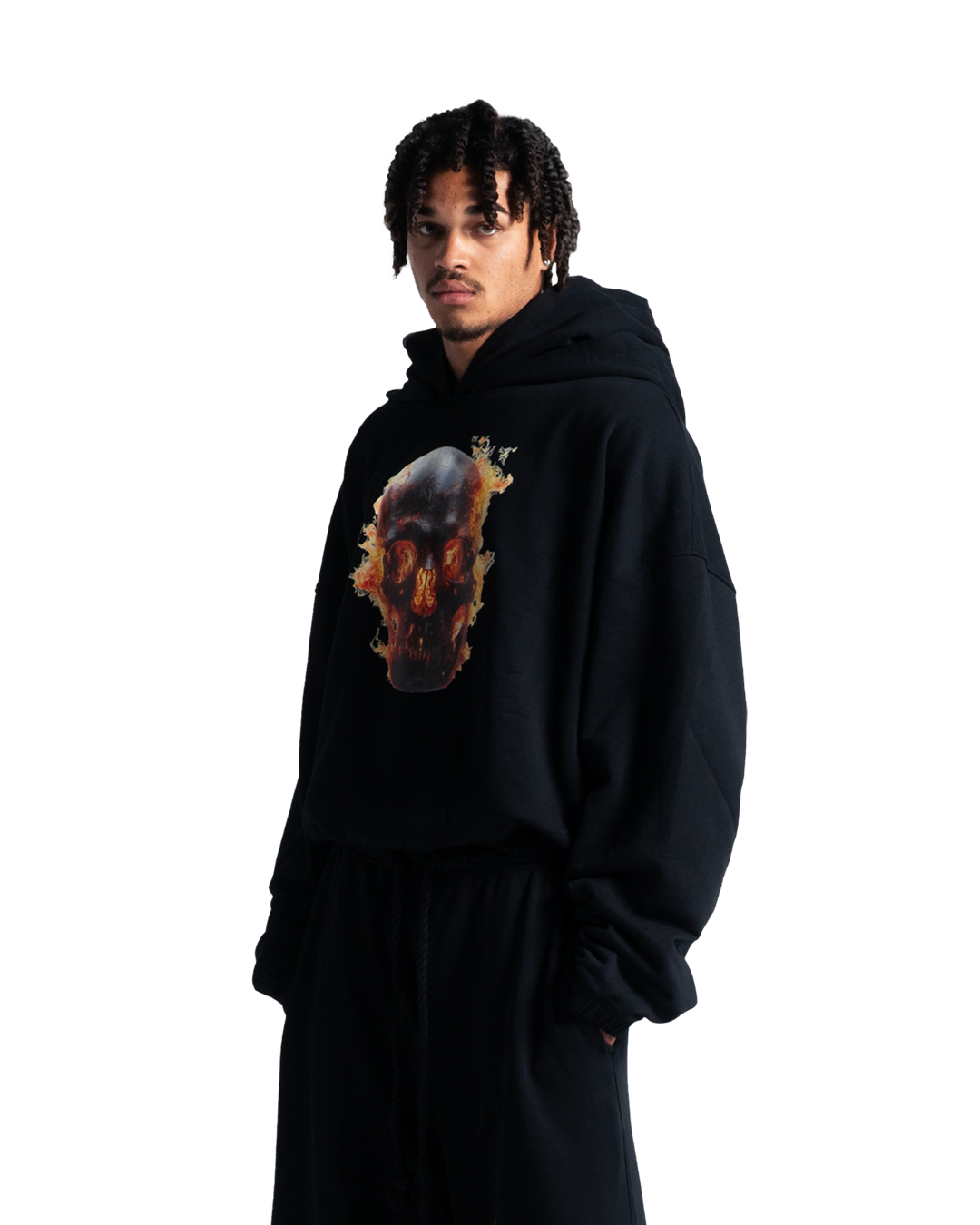 SKULL IN FLAMES DOUBLE HOOD HOODIE