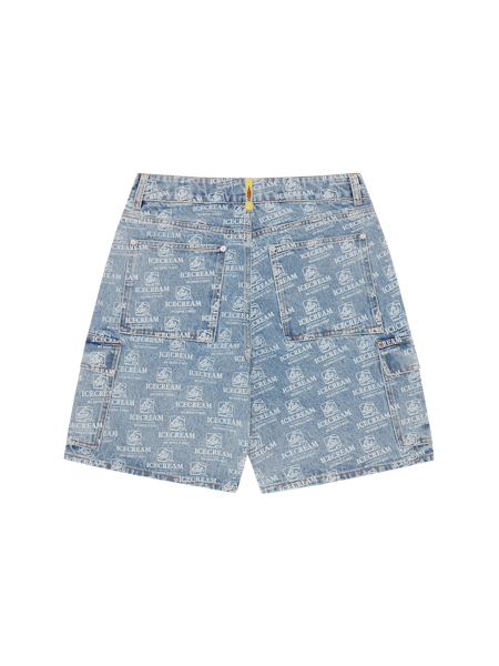 REPEAT PRINT DENIM CARGO SHORTS - HEAVY WASH BLUE
