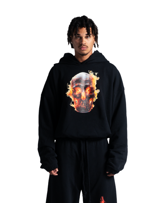 SKULL IN FLAMES DOUBLE HOOD HOODIE