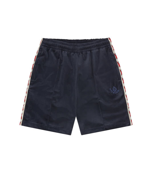 RUNNING DOG TAPED VELOUR TRACK SHORTS - NAVY