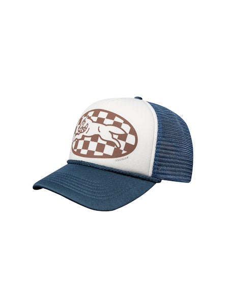 CHECKER RUNNING DOG TRUCKER CAP - ECRU/NAVY