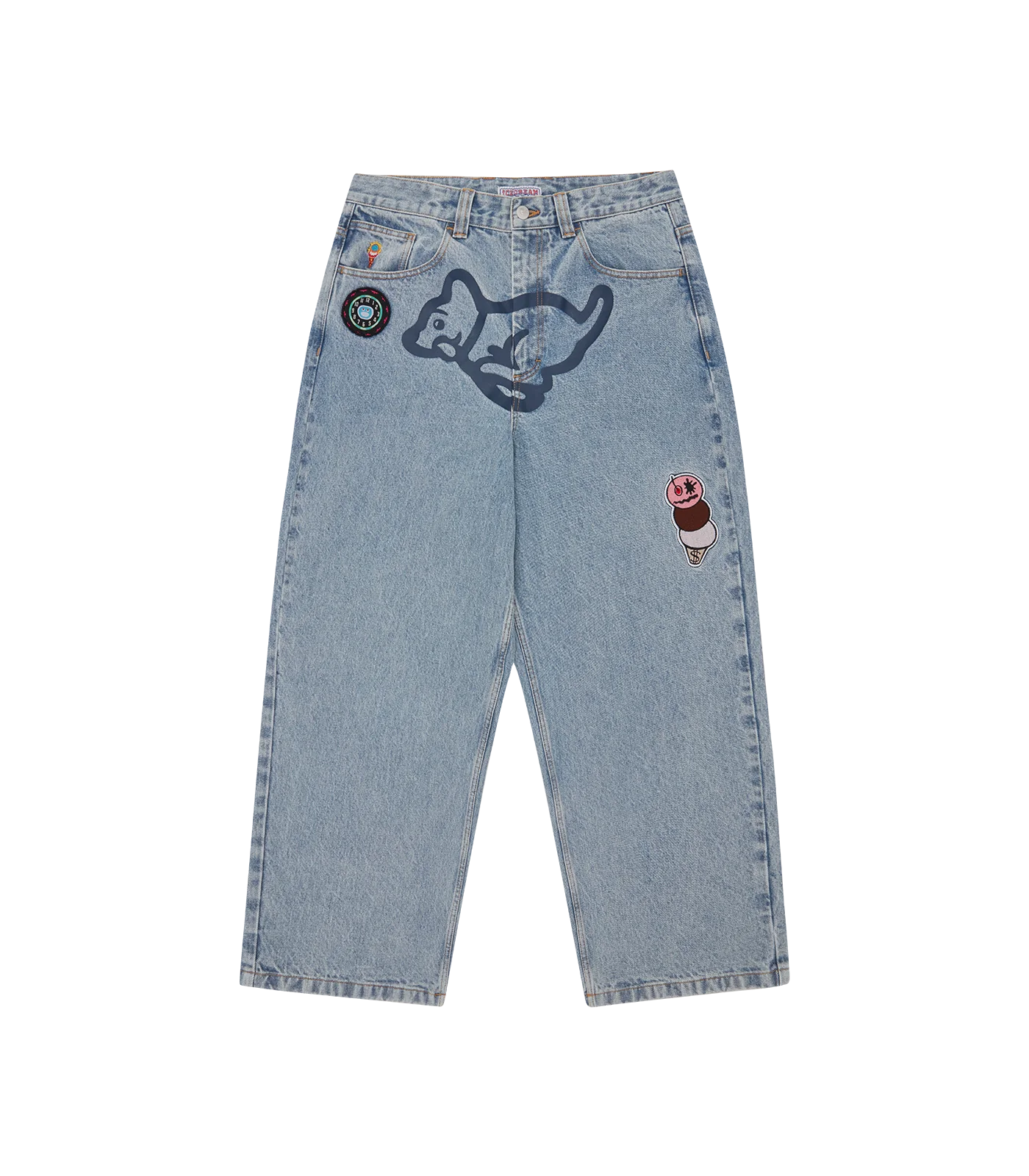 RUNNING PUPPY PATCH TRIPLE SCOOP DENIM PANT - HEAVY WASH BLUE