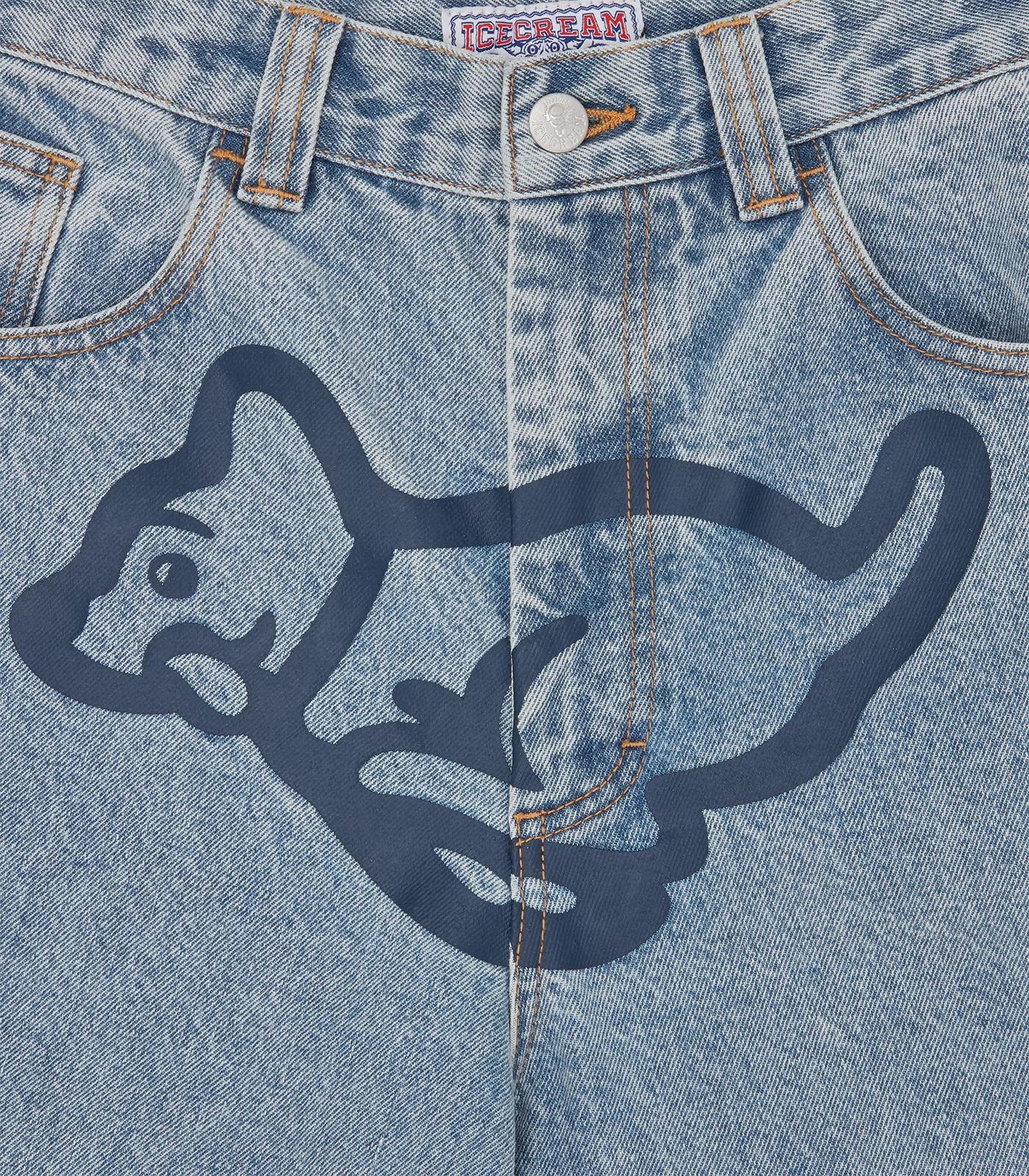 RUNNING PUPPY PATCH TRIPLE SCOOP DENIM PANT - HEAVY WASH BLUE