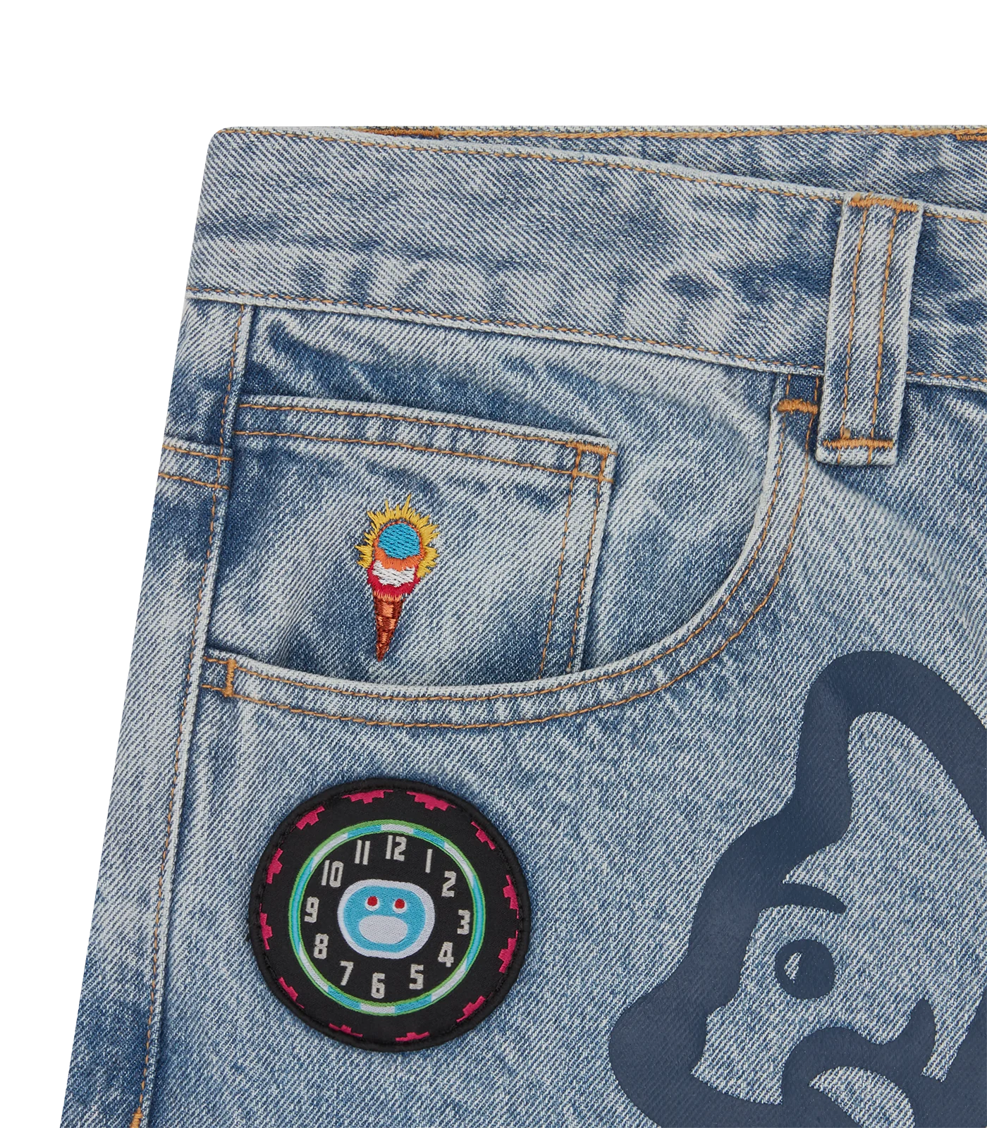 RUNNING PUPPY PATCH TRIPLE SCOOP DENIM PANT - HEAVY WASH BLUE