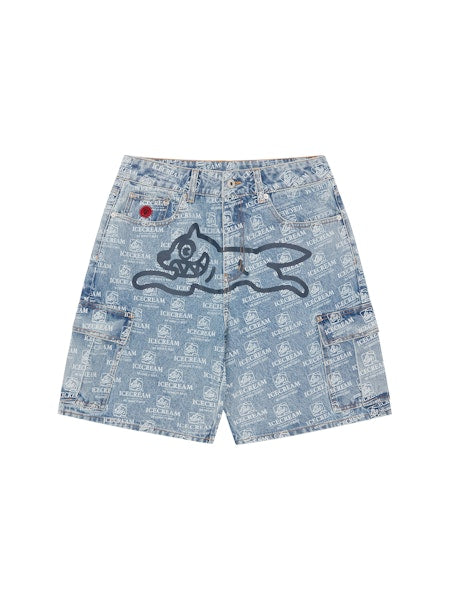 REPEAT PRINT DENIM CARGO SHORTS - HEAVY WASH BLUE