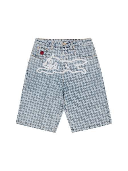 WOMENS HOUNDSTOOTH RUNNING DOG JORTS-LIGHT BLUE