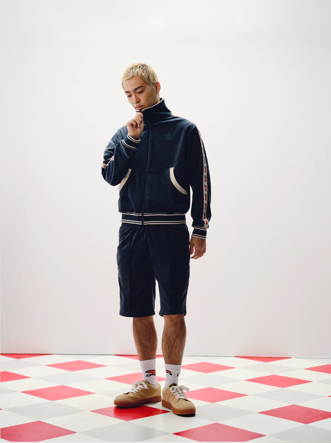 RUNNING DOG TAPED VELOUR TRACK SHORTS - NAVY