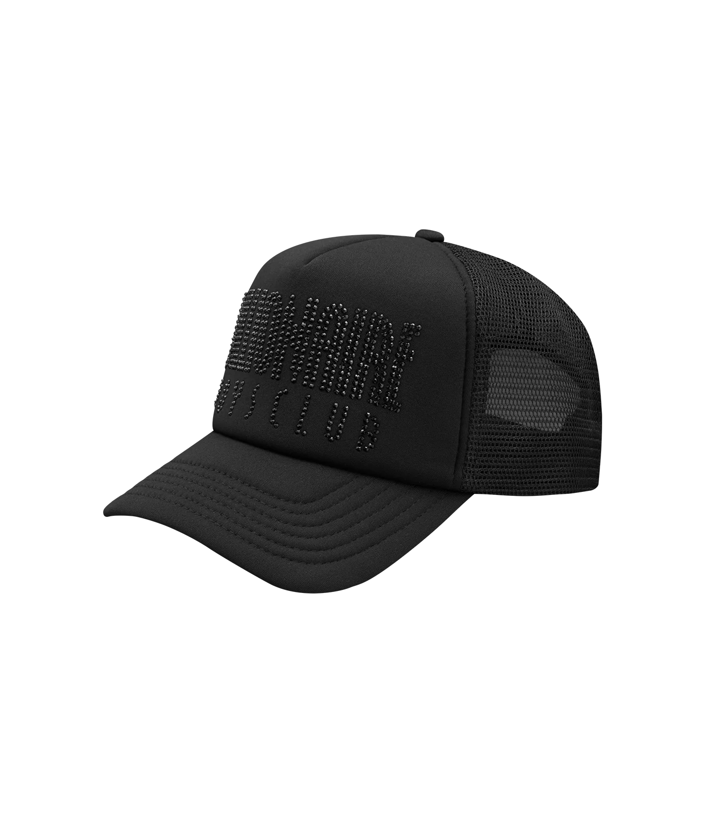 RHINESTONE STRAIGHT LOGO TRUCKER CAP - BLACK