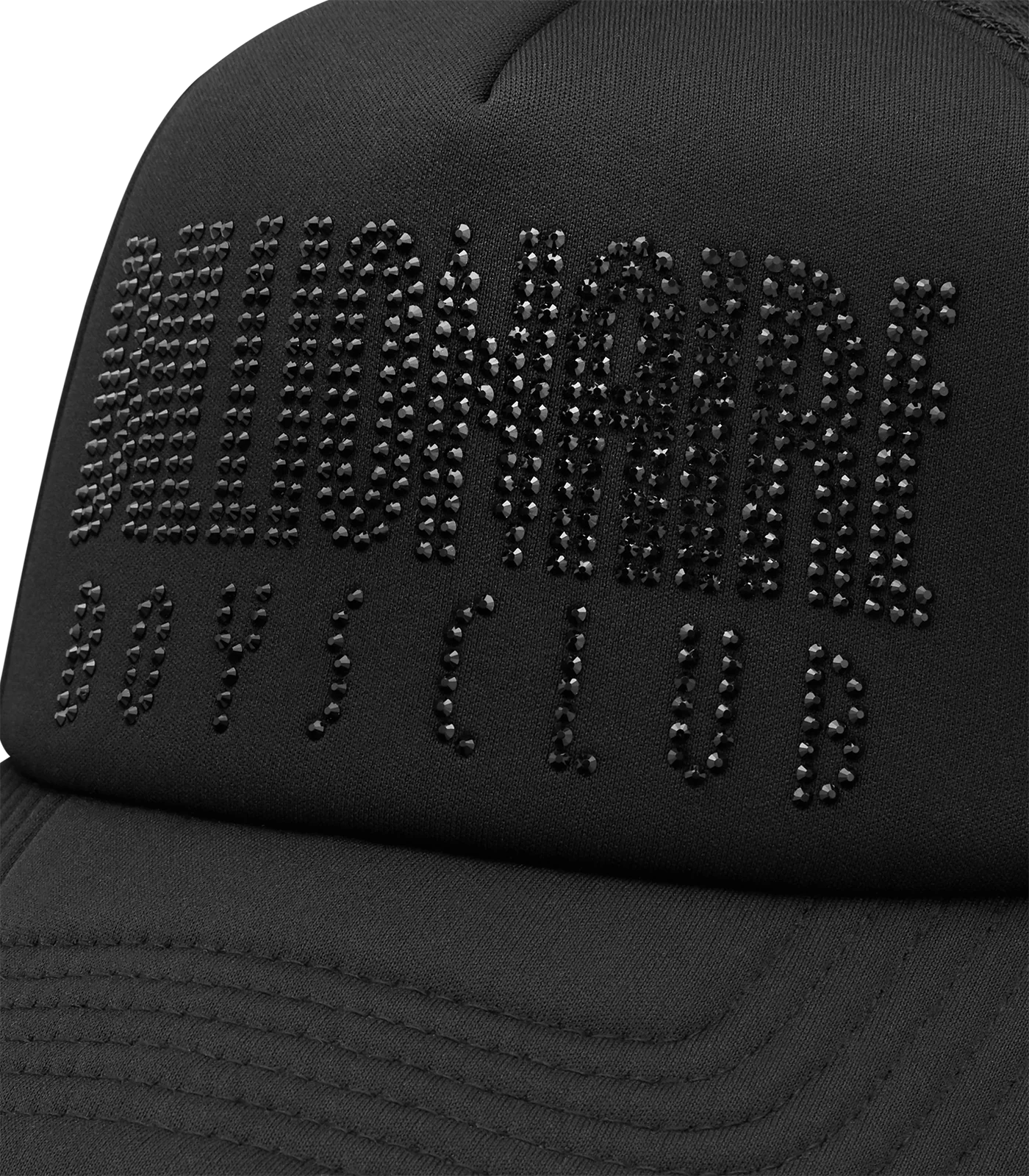 RHINESTONE STRAIGHT LOGO TRUCKER CAP - BLACK